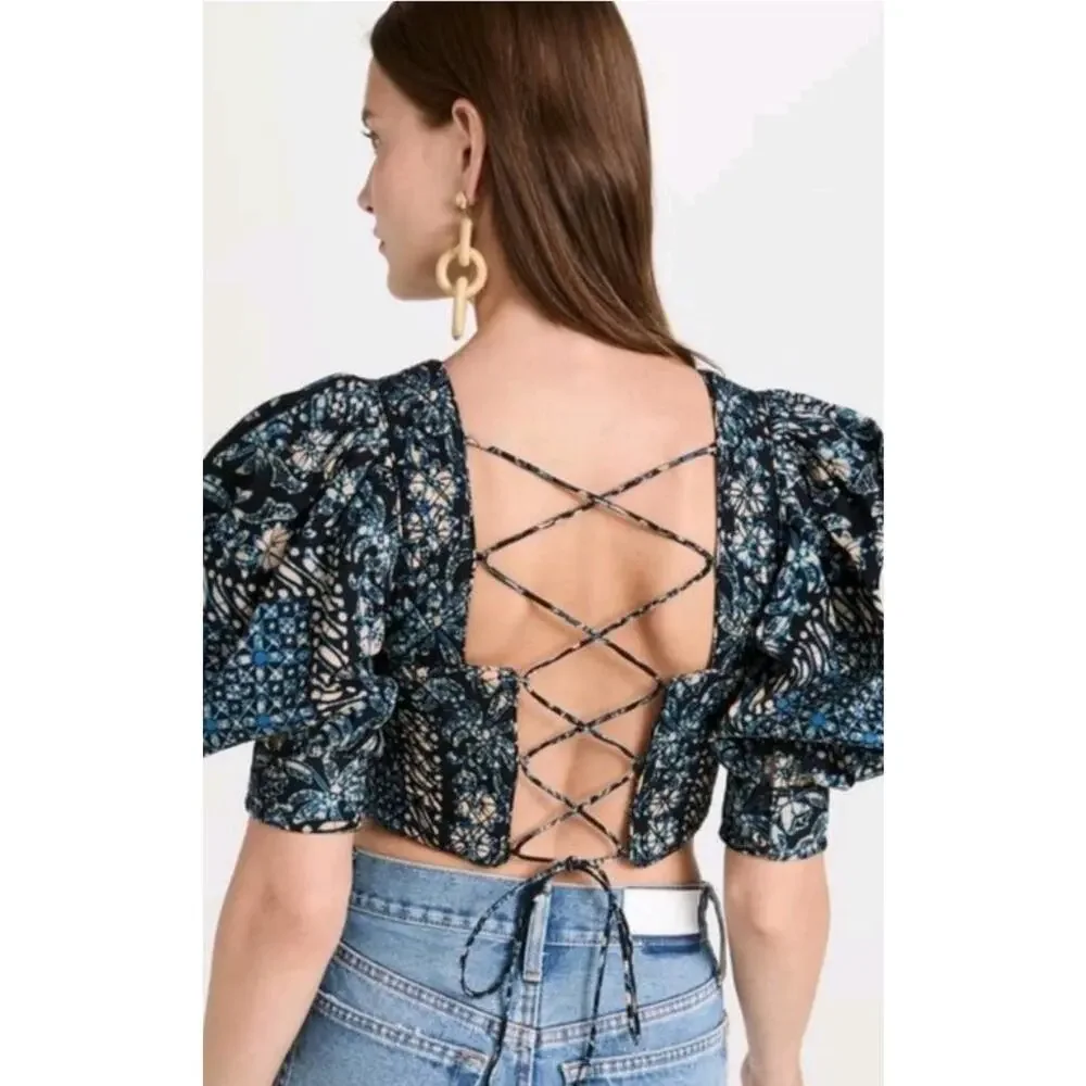 Ulla Johnson Crop Blue Floral Square Neck Lace-Up Back Puff Sleeve Blouse Sz 0